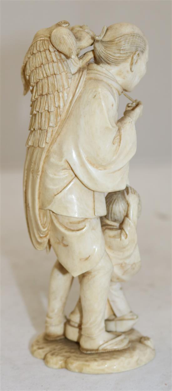 A Japanese ivory group of a shi-shi dancer and a boy, Meiji period, 17.5cm